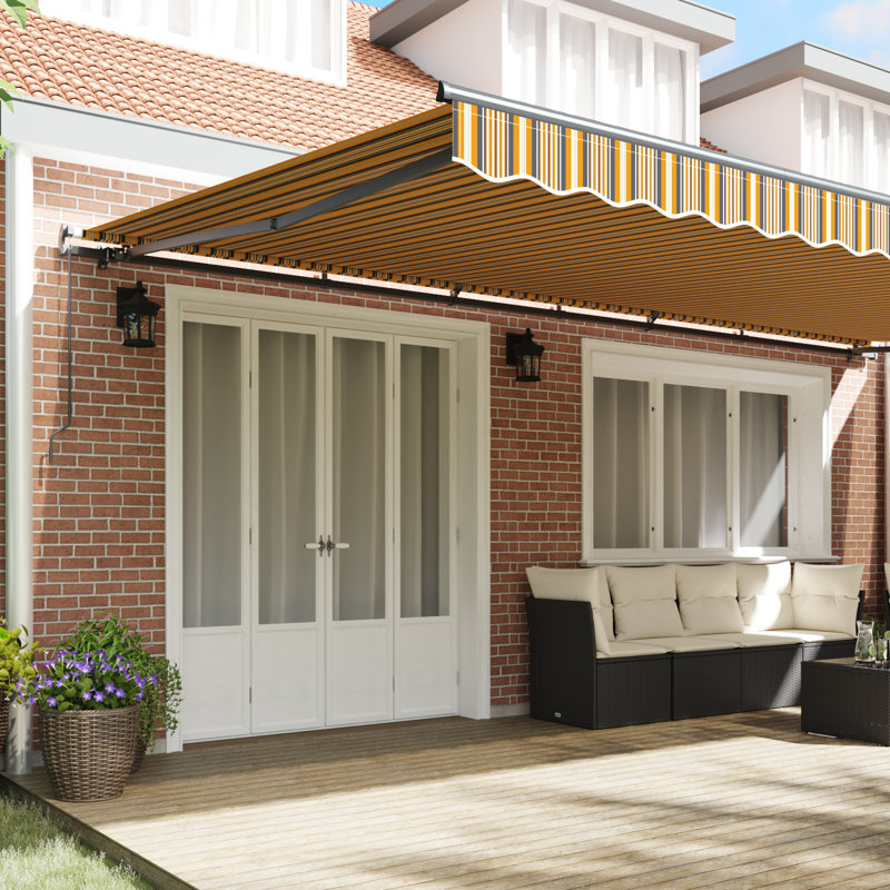 Retractable Awning, Yellow/Grey/White Striped, 600 cm W x 300 cm D
