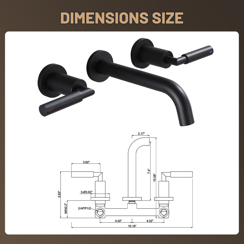 10" Wall Mounted 2-Handle Widespread Bathroom Sink Faucet With Drain Assembly, Matte Black, Drain Assembly: Yes, Lever Handle