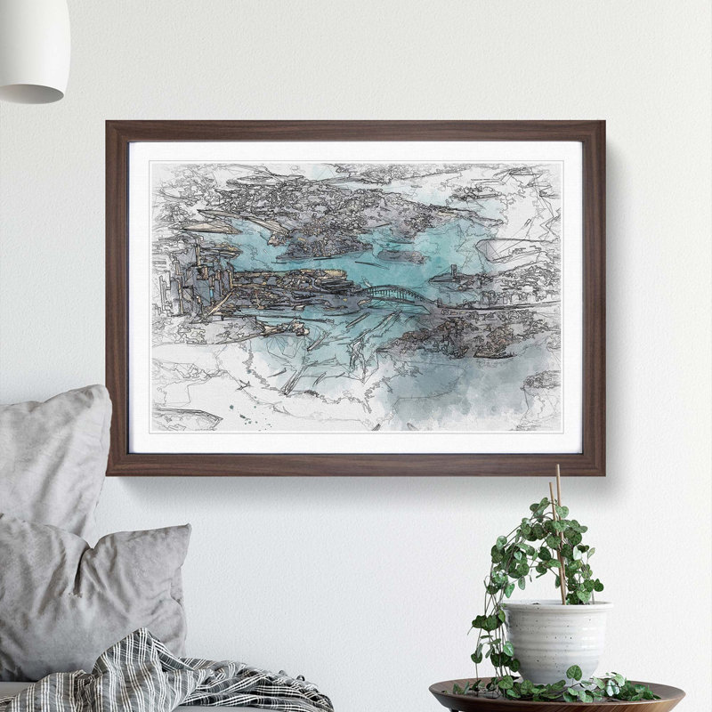 Birds Eye View of Sydney Australia in Abstract - Picture Frame Graphic Art Print, 62cm H x 87cm W x 2cm D, Walnut Framed