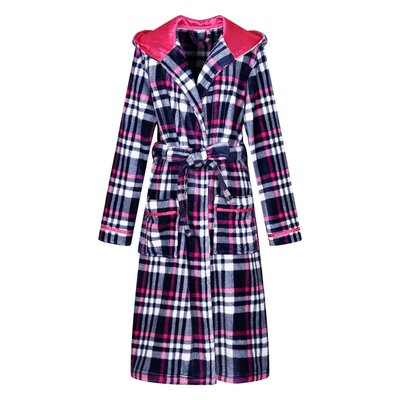 Gracie Oaks Women's Hooded Plaid Robe Plush Soft Fuzzy Warm Lightweight Fleece Elegant Lounger Shawl Collar Style Checkered Bathrobe Housecoat Spa Sle -  A04EB13473904F1F9B36E236EC507C96