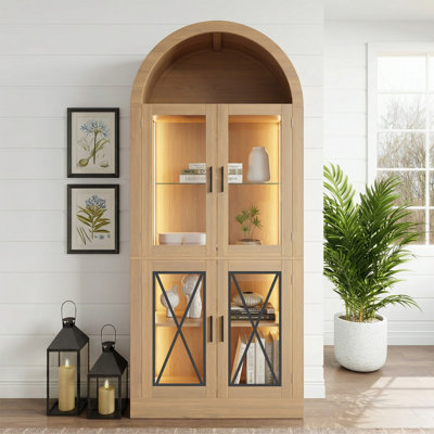 Arched RGB Lighting Storage Cabinet | X-shaped Glass Door Bouble Opening, 71" High Upright Cabinet, Adjustable Shelves, Multi-purpose Storage and Display Cabinet for Kitchen, Living Room and Dining Room (Natural Oak Color)
