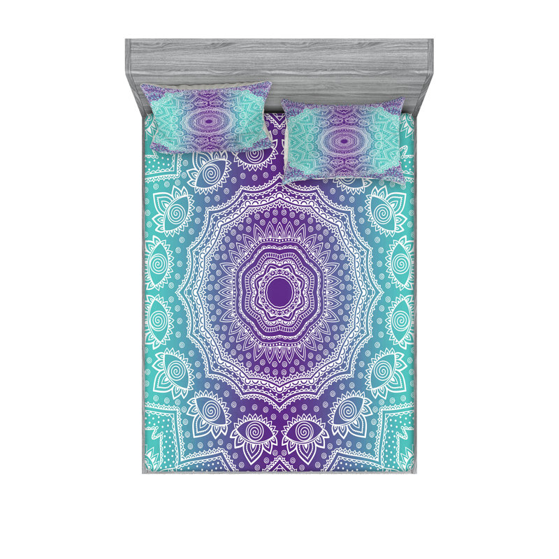 Drap-housse et coussin décoratif Ambesonne Mandala, mauve turquoise, Ensemble de draps pour très grand lit californien