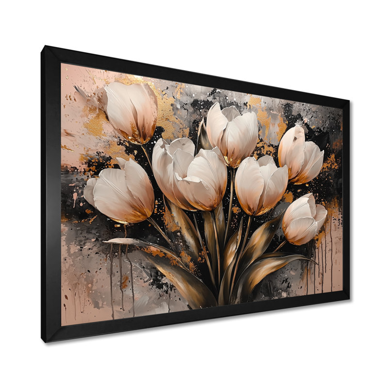 «Pink Gold Morning Tulips I», art mural tulipes, Reproduction encadrée d'une seule photo, H 30 po x l 40 po, Noir