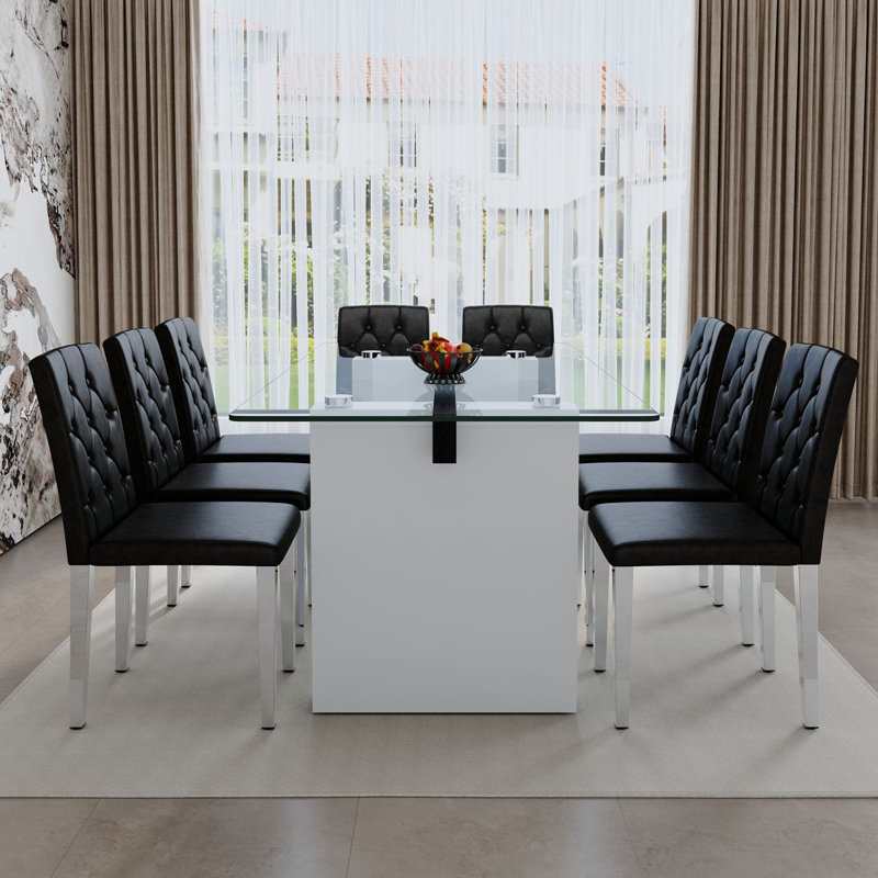 Modern Dining Table Set With Tufted PU Leather Chairs, Elegant Kitchen Table For Family Meals, 9 Pieces: Table, 8 Chairs 