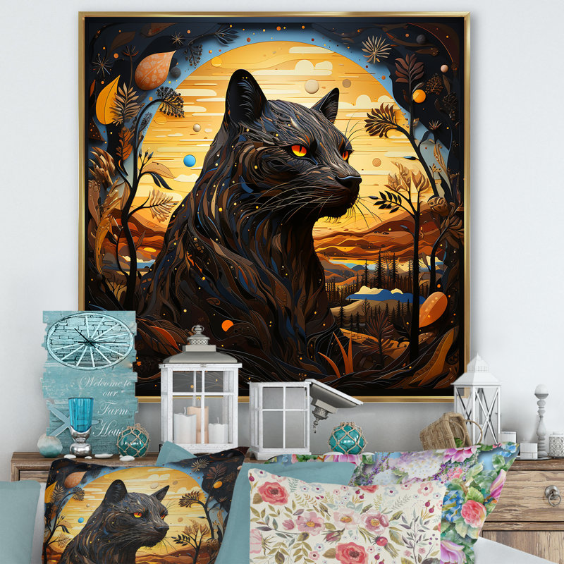 Clair de lune majestueux panthère noire I, Cadre flottant doré, 30" H x 30" W
