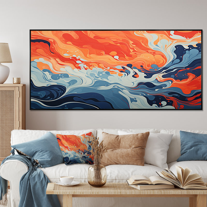 Encre liquide bleue et orange «Waves I» - art mural abstrait à encre liquide, Cadre flottant noir