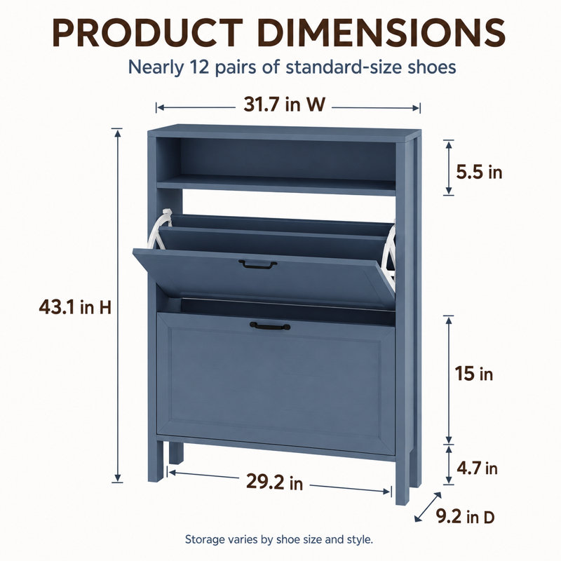 Slim Shoe Storage Cabinet with Doors and Adjustable Shelves for Entryway, Blue, 43'' H x 31'' W x 9.2'' D