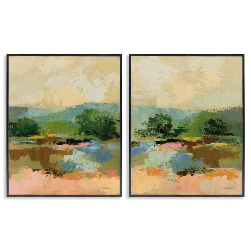 Across the River Landscape, ensemble de 2 estampes numériques encadrées par Silvia Vassileva, Giclée encadrée noir minuit