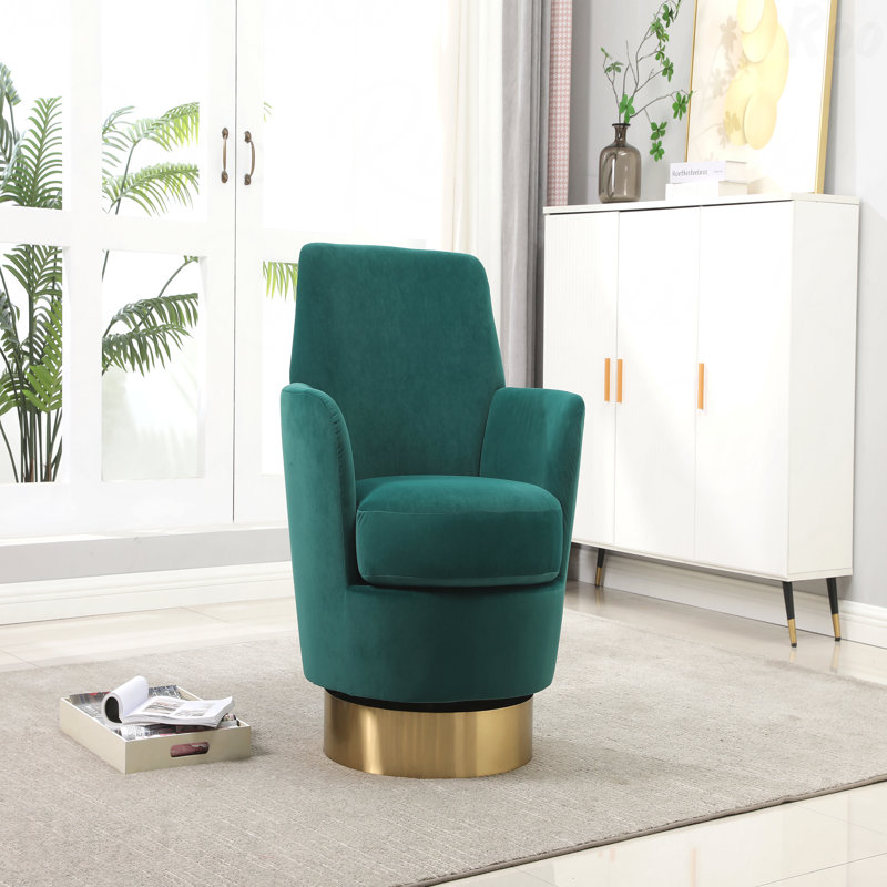 Fauteuil demi-tonneau pivotant, fauteuil d'appoint, fauteuil avec base en acier inoxydable, Velours émeraude
