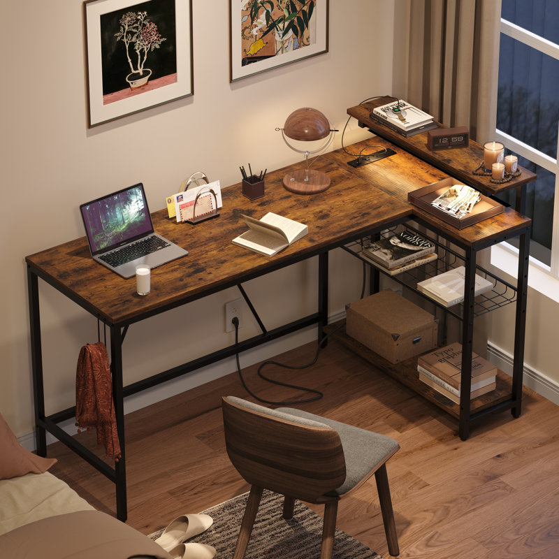 Baford L-Shaped Computer Desk with Power Outlet, Gaming Table with Monitor Stand and Shelves, Rustic Brown/Black