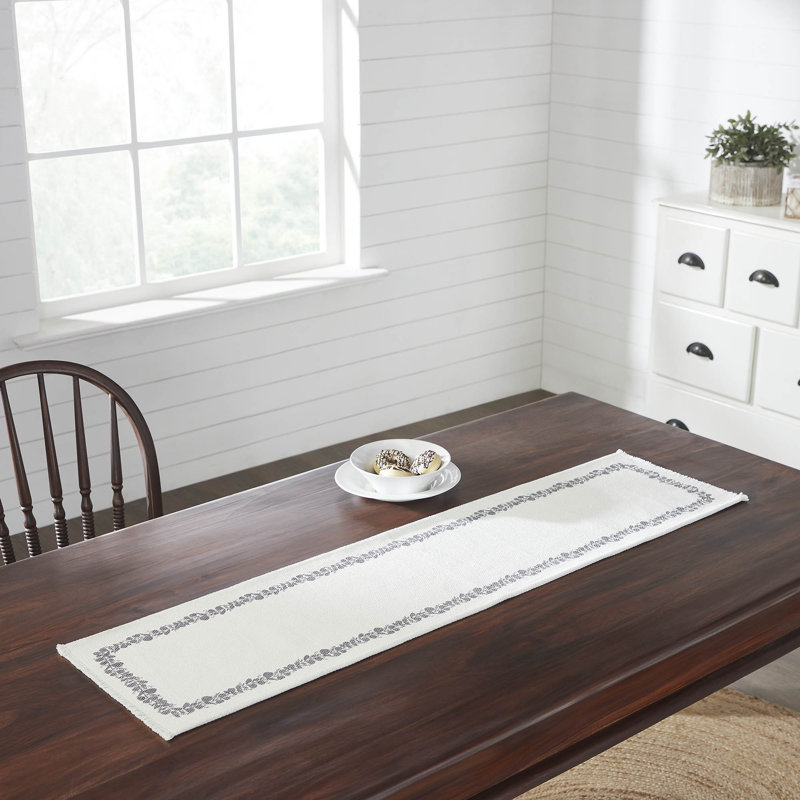 Soft White Cotton Table Runner with Eucalyptus Pattern, 12x48