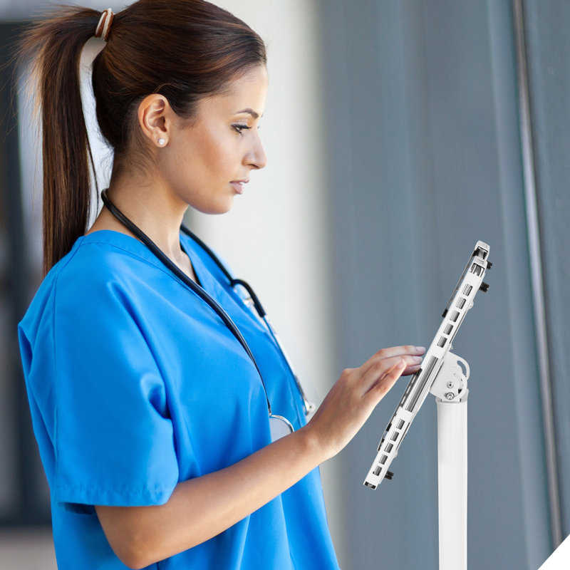 White Adjustable Universal Tablet Floor Stand with Lockable Mount