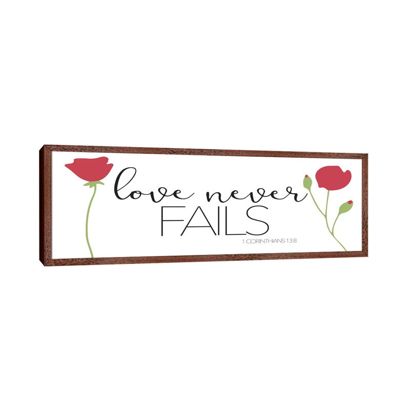 Love Never Fails 1 Piece Panoramic Wall Art on Canvas, 30.48cm H x 91.44cm W x 3.81cm D, Classic Brown Wood Floater Framed