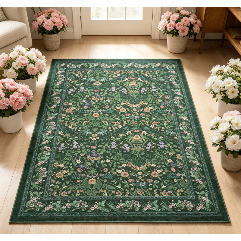 Washable Folding Area Rug - Floral Print, Non-Slip, Easy to Clean, Pet Friendly Carpet for Living Room & Bedroom - Home Decor