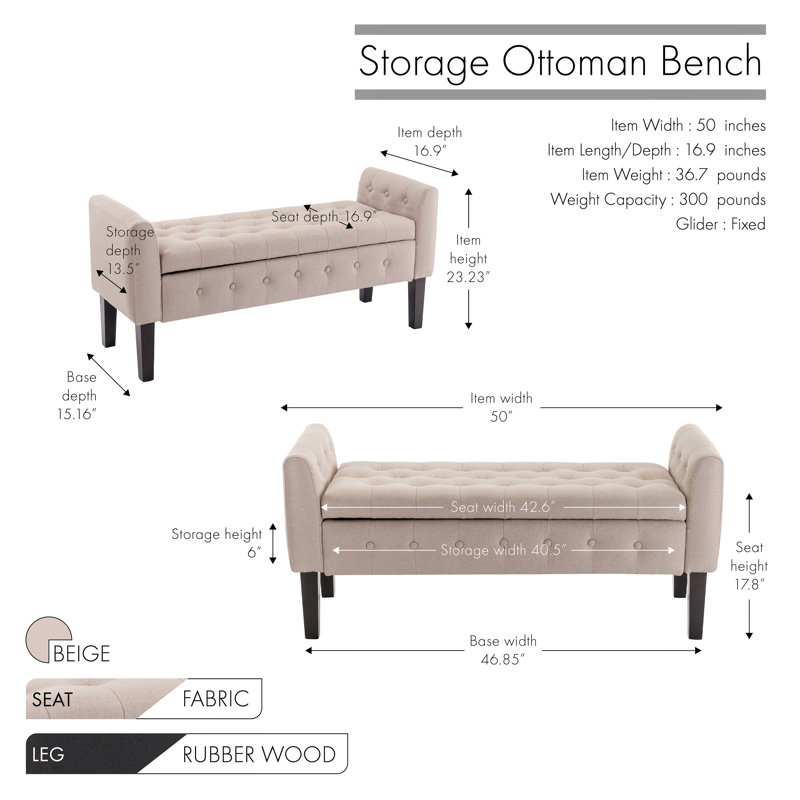 Anvee Fabric Storage Bench with Rubberwood Legs, Beige