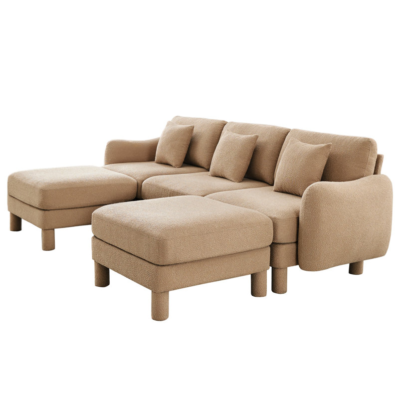 Couleur café, 3, forme en U, tissu bouclé, modulaire, distinctif, repose-pieds mobile, pieds cylindriques, confort de lecture relaxant