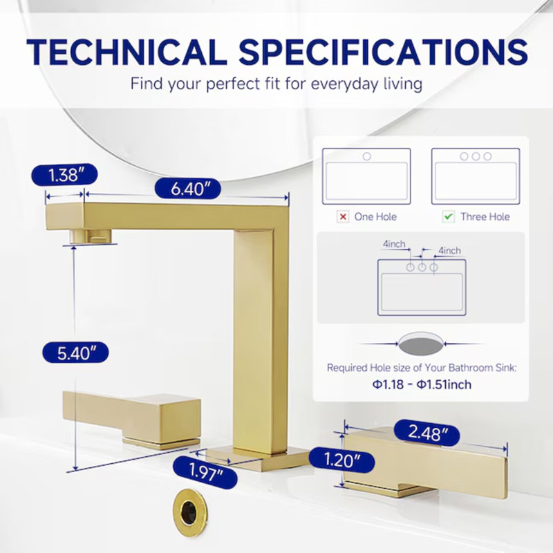 Widespread Single-handle Bathroom Faucet with Drain Assembly, Brushed Gold