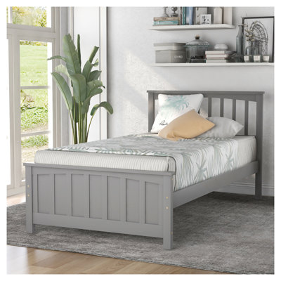 Structure de lit plateforme simple en bois massif avec tête de lit et pied de lit, design classique gris, aucun sommier tapissier requis