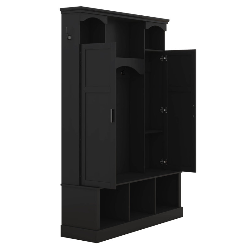 Modern Farmhouse Hall Tree With Adjustable Shelves & 7 Hooks, Entryway Organizer, Shoe Cabinet & Storage Bench, Black