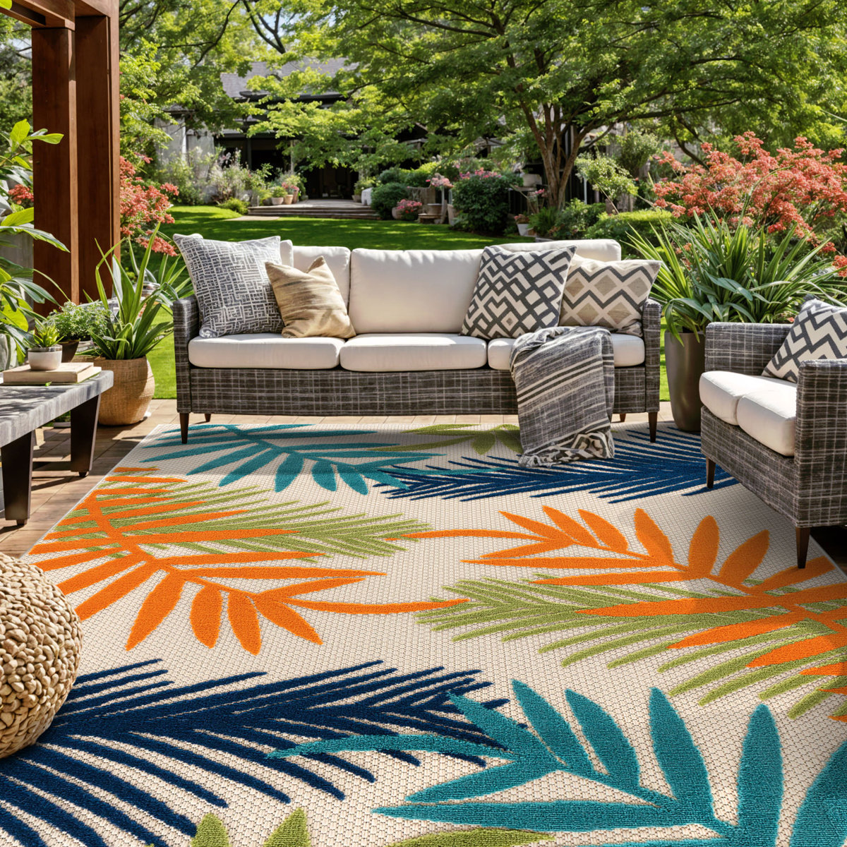 Beachcrest Home™ Parksley Palm Frond Ivory/Orange/Navy Indoor & Outdoor ...