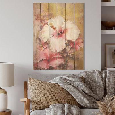 Hibiscus exotique doré et rose - Hibiscus, art mural sur bois de pin naturel