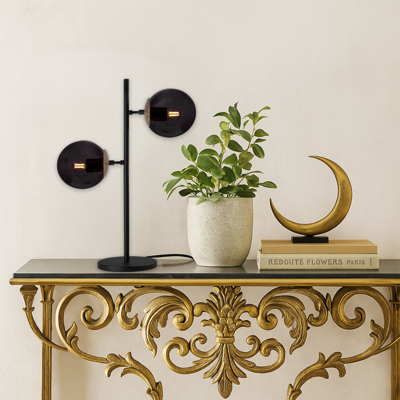Lampe de table à culot en verre 2 lumières avec base en métal noir - Double lumière moderne, Noir, Noir / antique