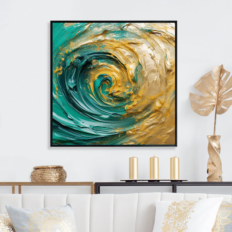 «Golden Ocean Swirling Waves», art mural spirales abstraites, H 30 po x l 30 po x P 1 po, Cadre flottant noir