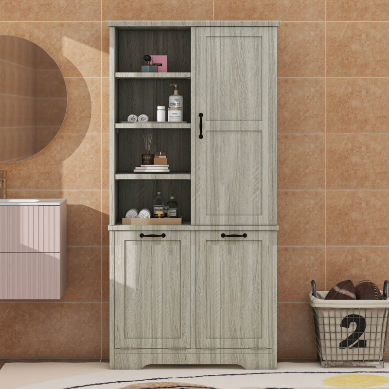 Armoire de rangement autoportante pour salle de bain avec panier à linge inclinable, tablette réglable, Chêne