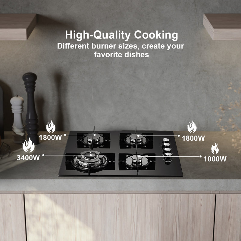 Sndoas Gas Hob 4 Burners With Thermocouple Safety, Suitable For Natural Gas/Propane, Black, 8.0Kw, 220-240V