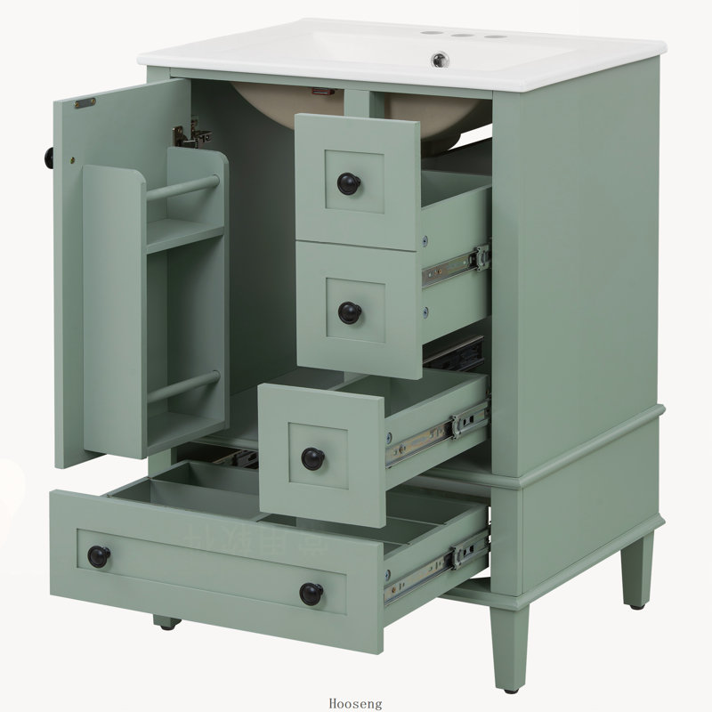 Meuble-lavabo vert clair 24 po avec lavabo intégré en céramique, tablette à double couche et tiroirs à fermeture en douceur