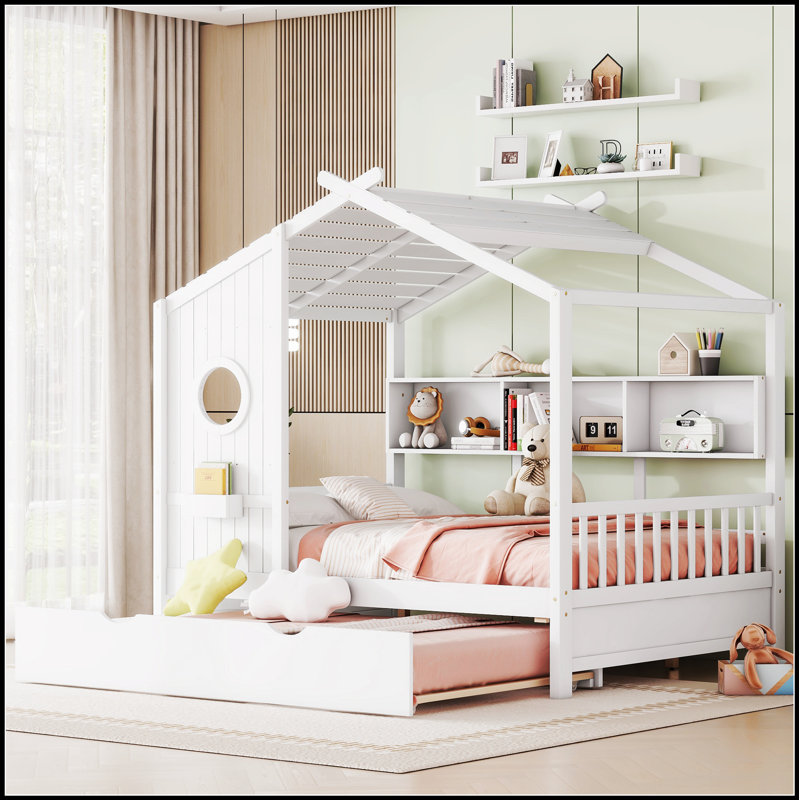 Lit de maison en bois avec lit gigogne et tablette de rangement, conception moderne pour enfants, peu encombrant et organisé