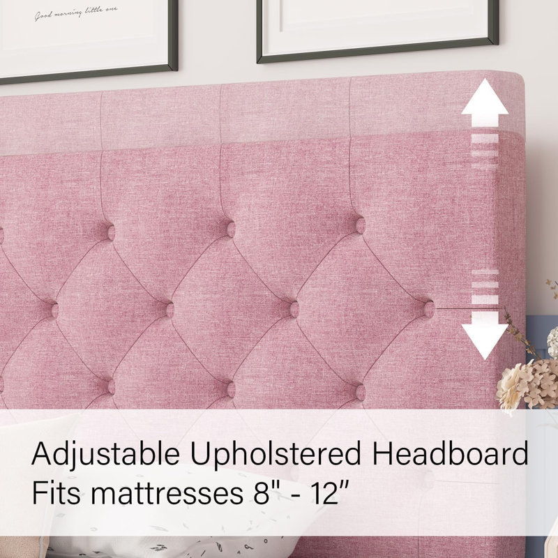 Bed Frames with Button Tufted Headboard, Linen Upholstered Platform Bed with Wooden Slats Support, Easy Assembly, No Box Spring Required