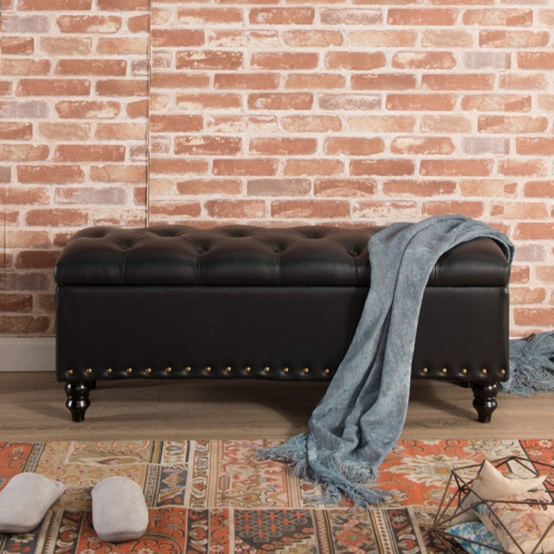 Banc de rangement en cuir capitonné clouté European Classic, Noir mat
