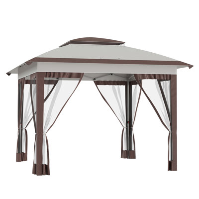 Tente à auvent avec filet et sac de transport Outsunny 12 pi x 12 pi, abri soleil instantané avec abri de 137 pieds carrés, tentes pour fêtes, hauteur réglable, pour l'extérieur, le jardin, le patio, le beige et le brun