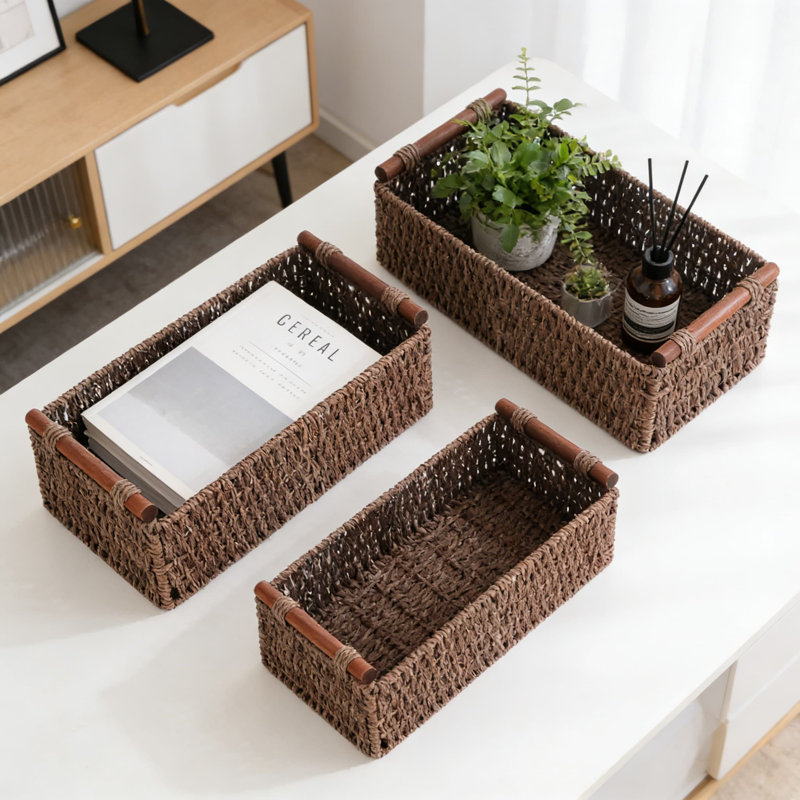 Handmade Woven Paper Rope Storage Baskets Set Of 3, Decorative Wicker Organizer With Wooden Handles For Bathroom, Living Room, And Bedroom
