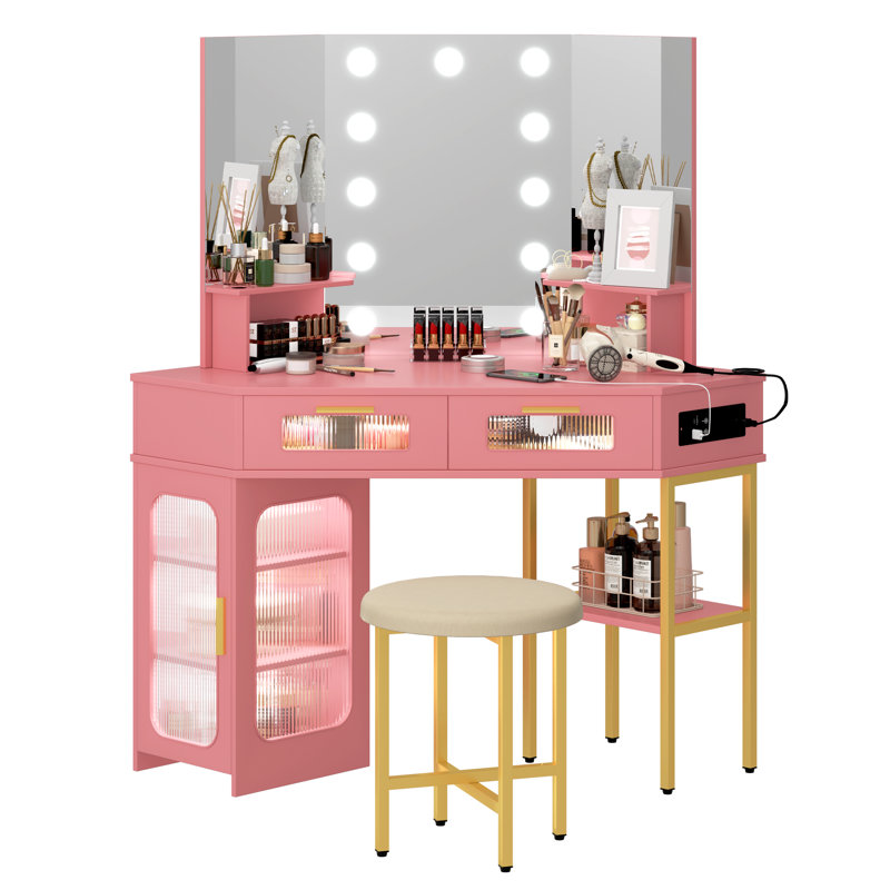 Chantle Dressing Table with Mirror, Pink/Gold