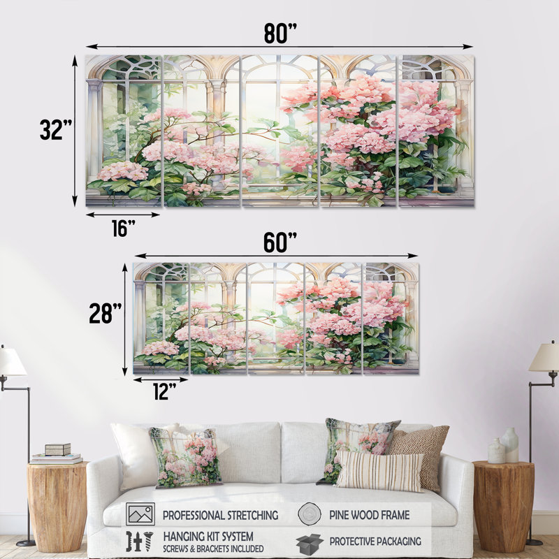 «Pink Blossoming Country Window Gaze III», art mural sur toile 5 pièces, H 28 po x l 60 po