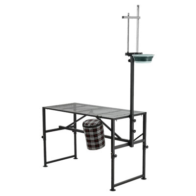 Support à traire pour chèvre, support à chèvre robuste de 600 lb avec bac à nourriture, tête réglable et panier à outils, support pour le toilettage et la coupe des sabots, plateforme en métal pour moutons, 51 po x 23 po, noir