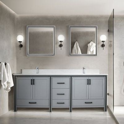 Ziva 84"" Double Vanity, Cultured Marble Top, White Square Sink And 34"" Mirrors -  Lexora, LZV352284SBJSM34