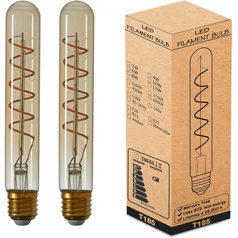 2 Pack T185 Long Tubular LED Bulb Edison Retro Vintage Decorative Tube Light Bulbs E27 4W Non Dimmable E27 Filament LED Bulbs Warm White 2700K 450LM