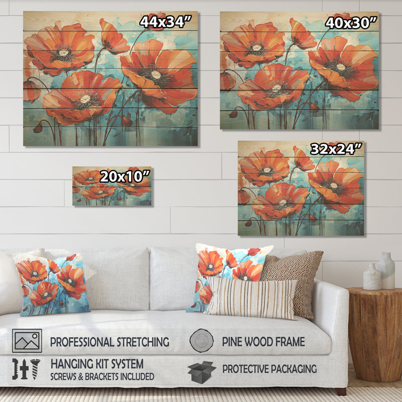 Coquelicots tranquilles bleus et rouges - coquelicots sur bois, H 10 po x l 20 po