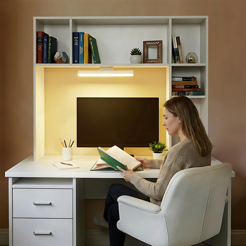Desktop Bookshelf,Desk Shelf With LED Desk Lamp,Desk Hutch With 5 Open Cubbies & Adjustable Shelf,35.4" x 29.6" Wood Desktop Storage Organizer For Office Home,Dorm,Study, Bedroom