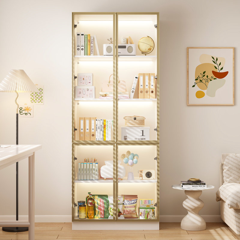 Bibliothèque 78,7 po x l 31,5 po avec portes en verre et lumières DEL, Blanc