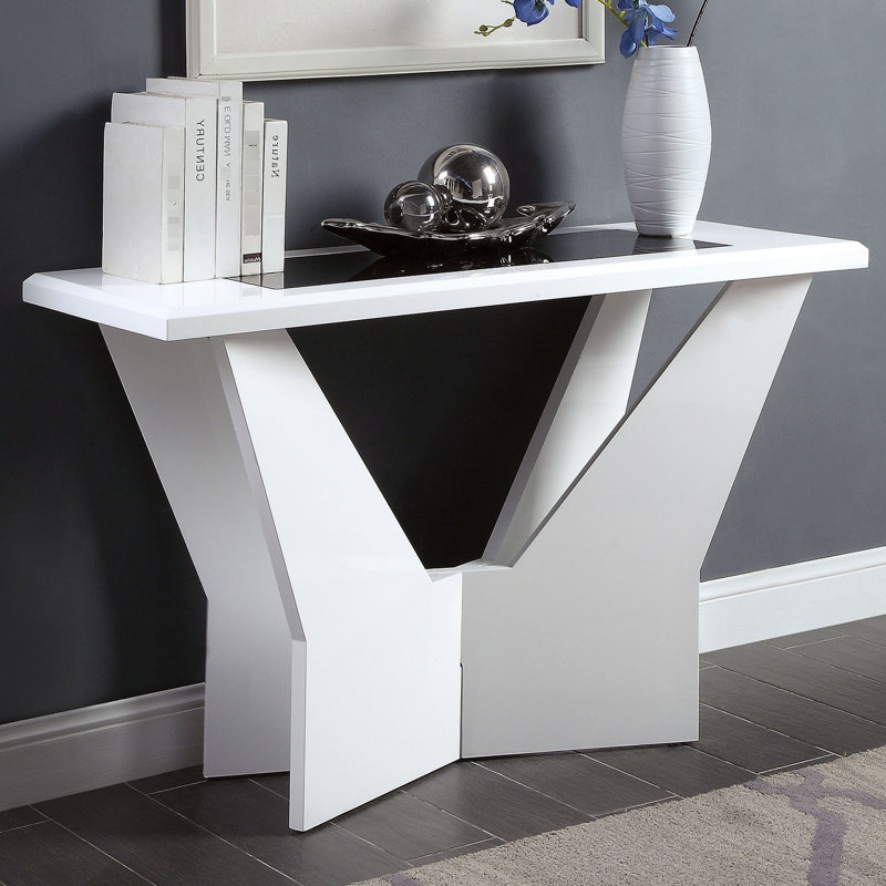Table contemporaine 1pc avec finition blanche et base géométrique ultrabrillante, insert en verre trempé noir