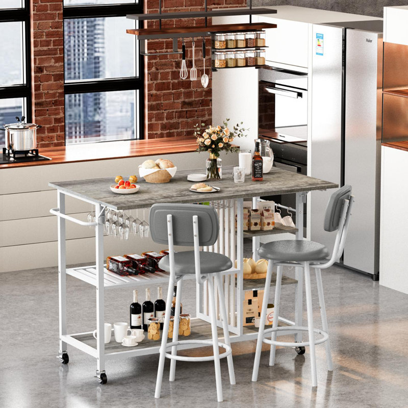 3 - Person Four Leg Dining Set, Bar Table Set With Storage And Wine Shelves, With Counter Height Faux Marble Table And 2 Stools, Space Saving Bar Table And Chairs Set For Dining Room