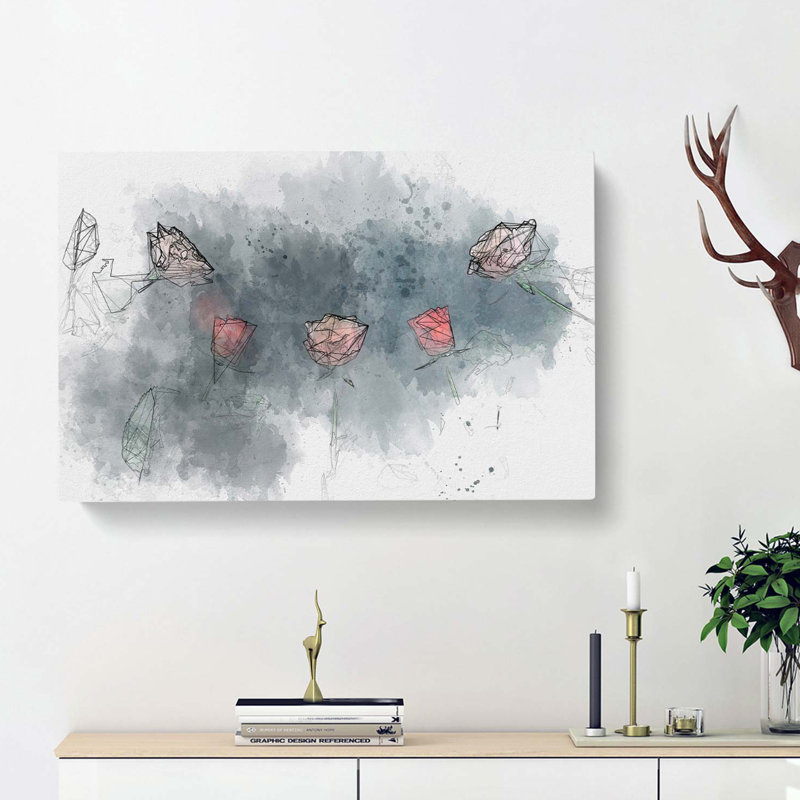 Laying with Pink and Red Roses in Abstract - Wrapped Canvas Drawing - Wrapped Canvas, 40cm H x 60cm W x 3cm D