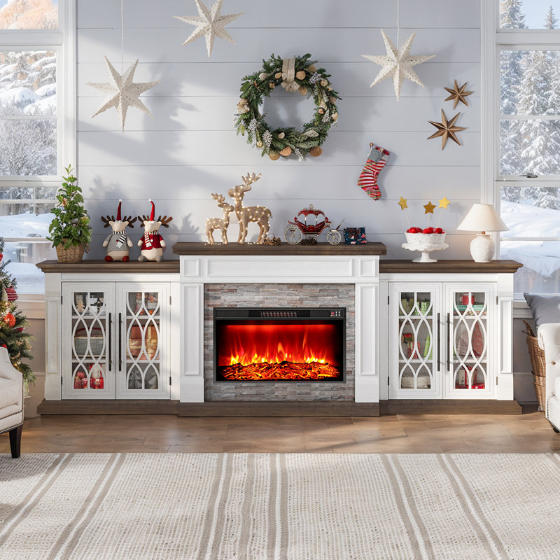 Lghm 104"w 3 In 1 Farmhouse Fireplace Tv Stand With Large Storage Space, Media Console With Power Outlets,for Living Room, No