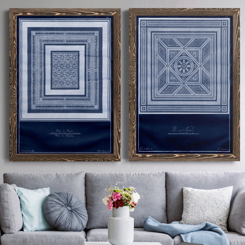 " Indigo Tile IV " 2 - Pieces, 37.5" H x 55" W x 1.5" D, Walnut Framed Canvas