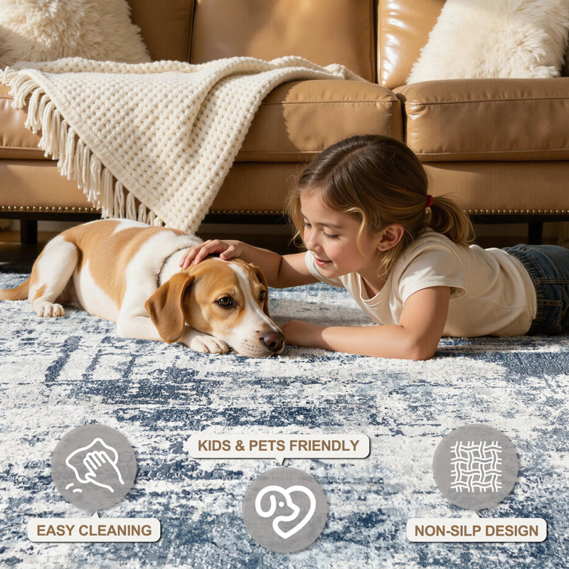 Modern Abstract Area Rug Non Slip Washable Rugs for Living Room Bedroom-Blue, Blue;White, Rectangle 9' x 12'