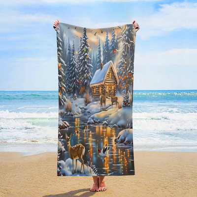 Snowman Reindeer Cozy Cabin Scenes Oversized Beach Towel Quick Dry Sand Free Lightweight Microfiber Beach Towels for Swim Pool Camping Travel, 50 x 60 in